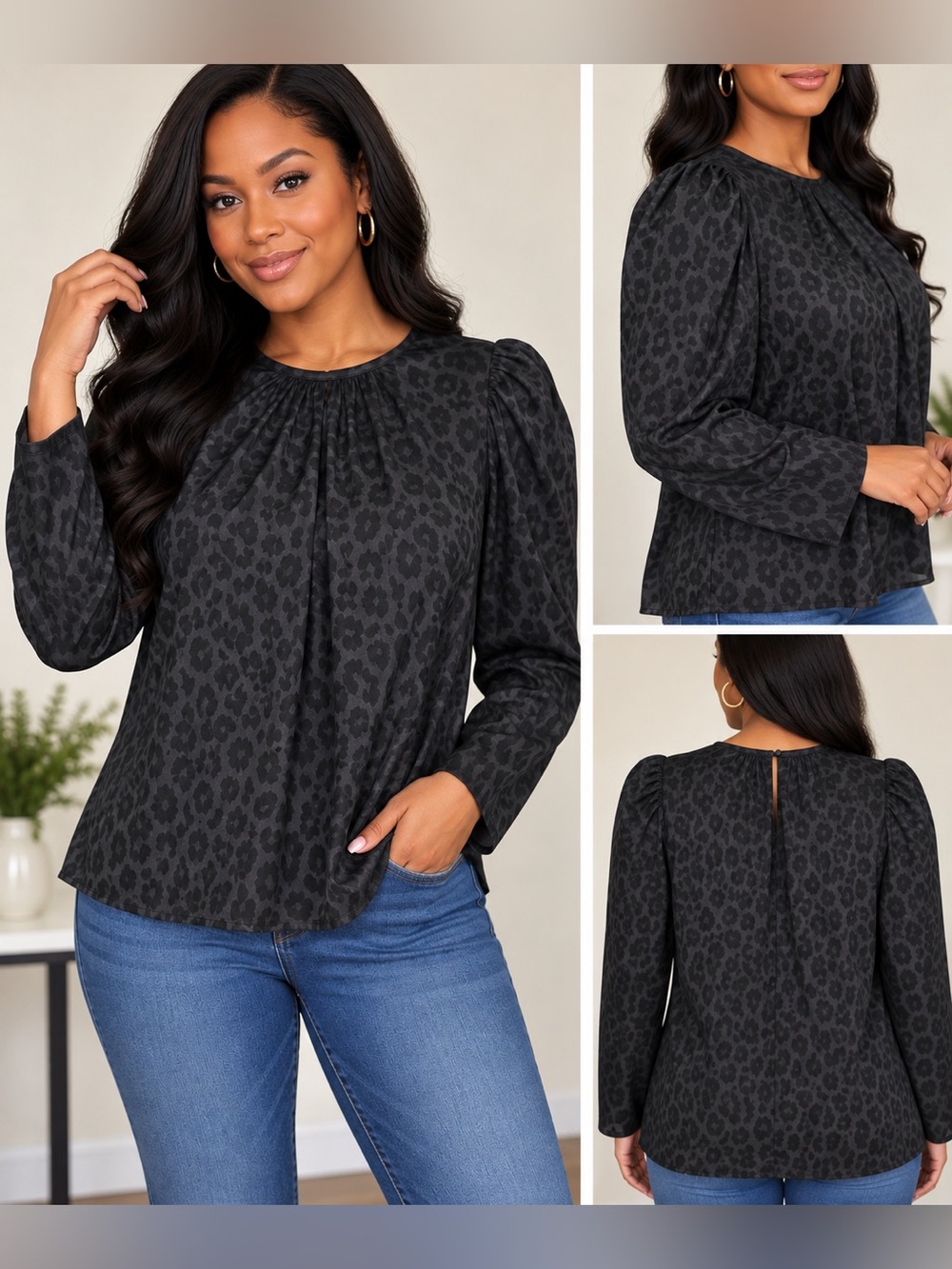 a New Day Black Leopard Print Puff Sleeve Blouse NWT Size M